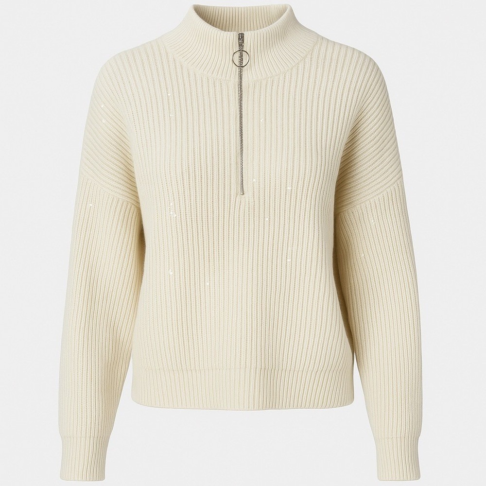 Nine West Half Zip XL Cream Rayon Knit Preppy Chic Sequin Sparkle Ribbed Sweater